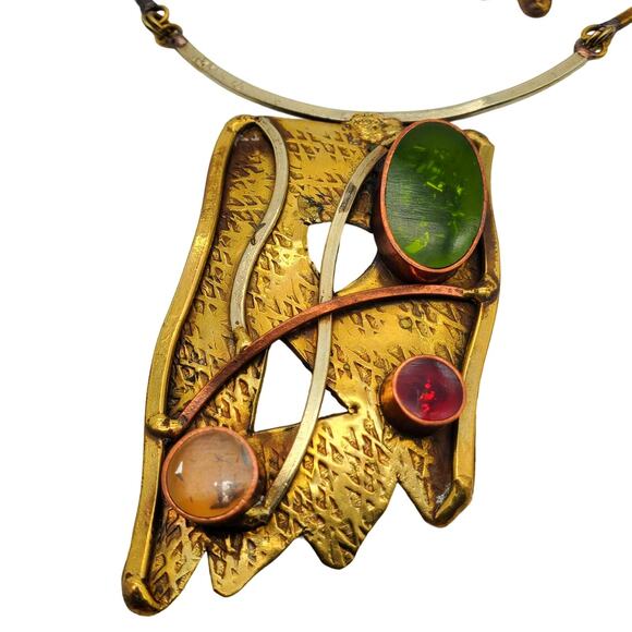 Modernist Artisan Confetti Pendant Necklace Earrings Set Mixed Metals Abstract - Picture 2 of 14